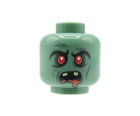 Custom printed LEGO head – Orc / monster, sand green, red eyes, open mouth, dripping red saliva
