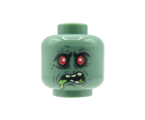 Custom printed LEGO head – monster / orc, sand green, red eyes, green saliva dripping from the mouth