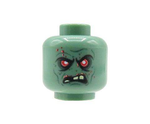 Custom printed LEGO head – orc / monster, sand green, menacing look, red eyes, bared teeth