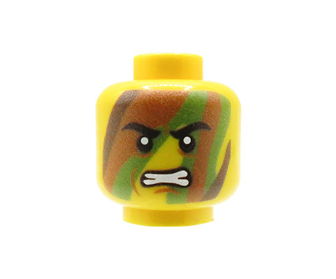 Custom LEGO head, woodland camouflage, angry expression, yellow face