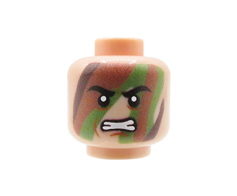 Custom printed LEGO head, woodland camouflage, angry expression, flesh-toned face
