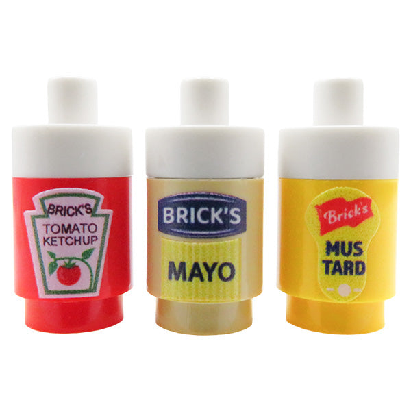 Custom printed LEGO set of sauces in colorful bottle, ketchup, mustard, mayonnaise