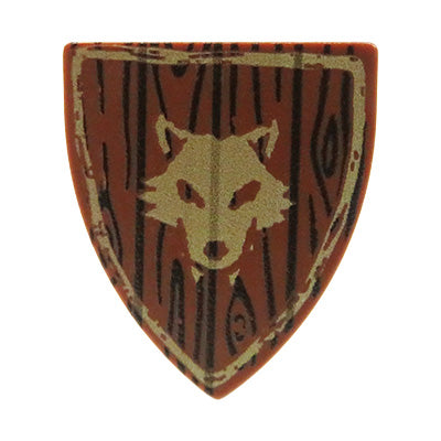 Custom printed LEGO shield - knight, wolfpack, with a wolf emblem, wooden, triangular