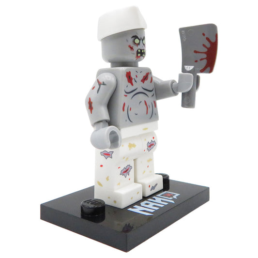 Custom LEGO minifigure Undead Chef zombie chef with a cleaver on a display stand, side view