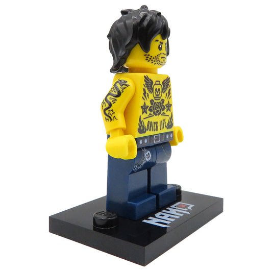 Custom LEGO minifigure Inkhead tattoo fan on a display stand, side view