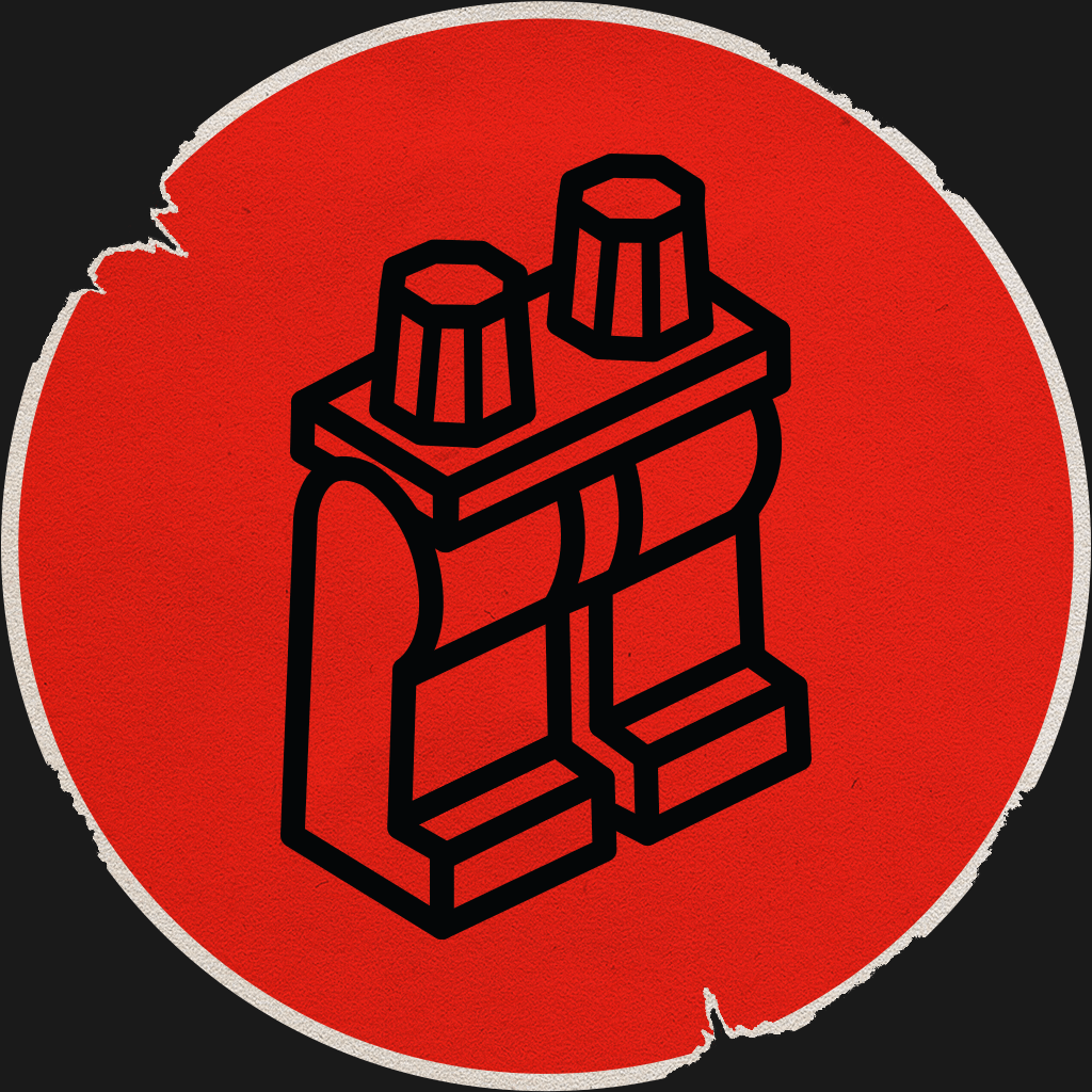 Custom printed minifigure legs icon for MOC builders. Red distressed sticker featuring minifigure legs.