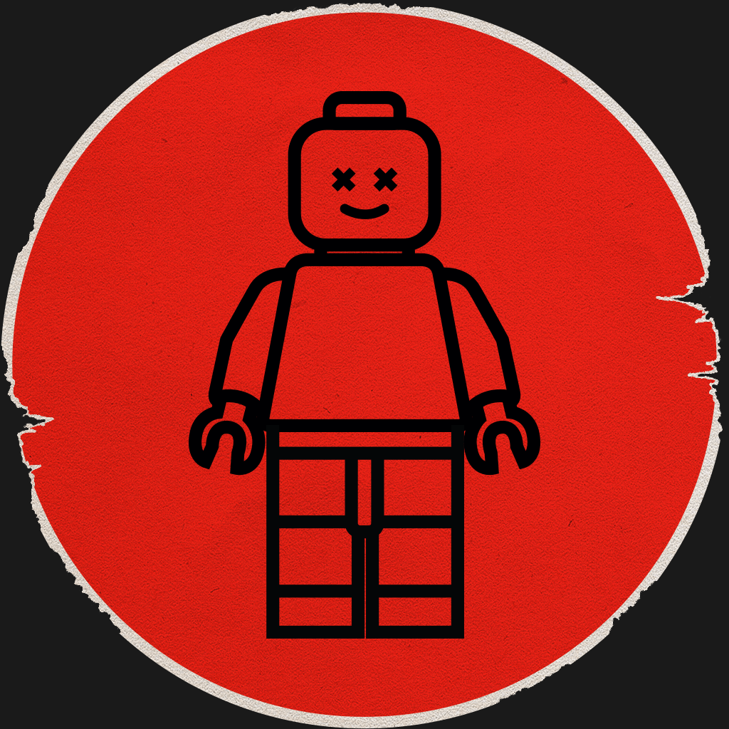 Custom printed minifigure icon for MOC builders. Red distressed sticker featuring a full minifigure with X eyes.