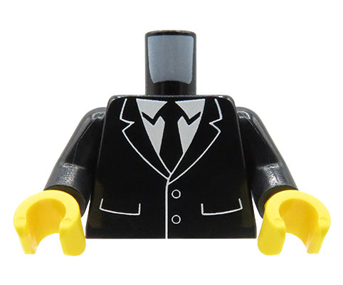 Custom lego torso – black suit jacket with tie and white shirt, yellow hands.