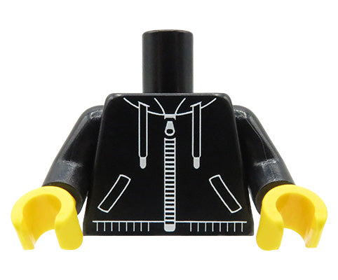 Custom lego minifigure torso – black zipped hoodie, yellow hands, front