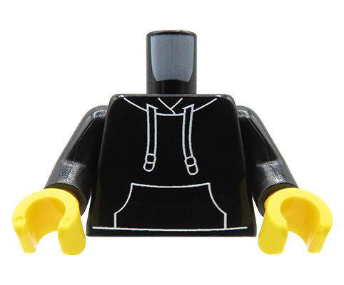 Custom lego minifigure torso – black hoodie with a hood and large front pocket, yellow hands, front