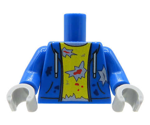 Custom lego minifigure torso – Zombie – blue hoodie, yellow t-shirt, tears with blood stains, grey hands, front