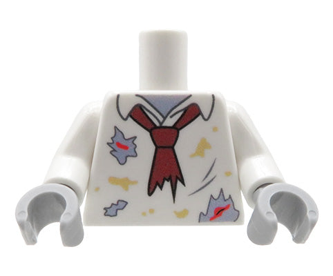 Custom lego minifigure torso zombie – white torn shirt with tie, dirt and blood stains, grey hands, front