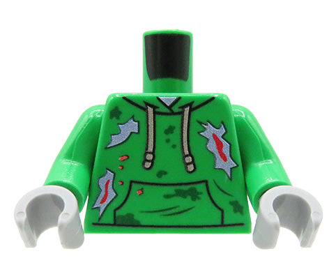 Custom LEGO minifigure torso zombie -green tattered hoodie, dirt and blood stains, grey hands, front