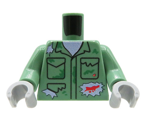 Custom LEGO minifigure torso – Zombie – jacket / jumpsuit in sand green, with numerous tears, dirt and blood stains, grey hands, front 