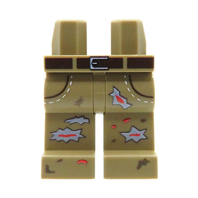 Custom printed LEGO legs – Zombie – sand-colored trousers with pockets and belt, multiple rips, blood and dirt stains