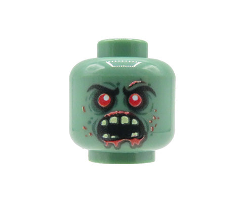 Custom printed LEGO head – orc / monster, sand green, angry expression, bared teeth, blood stains around the mouth