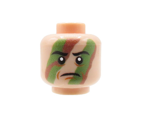 Custom printed LEGO head, woodland camouflage, flesh-toned face