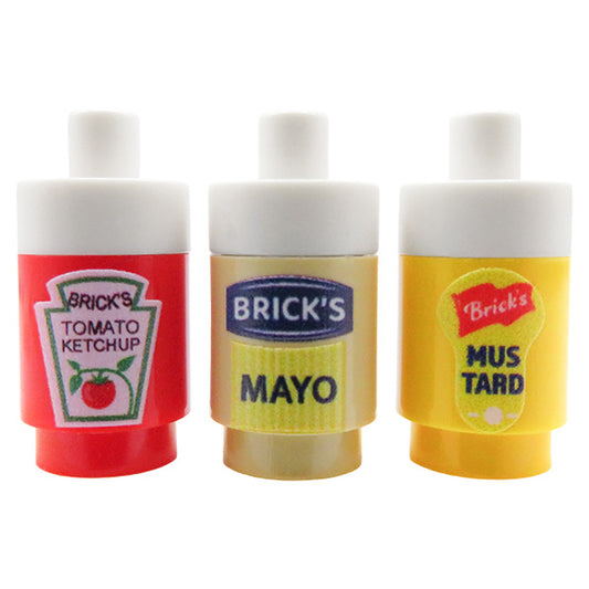 Custom printed LEGO set of sauces in colorful bottle, ketchup, mustard, mayonnaise 