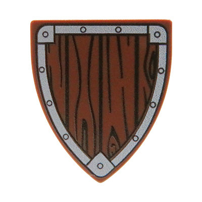 Custom printed LEGO shield, knight, brown, wooden, triangular, with metal trim