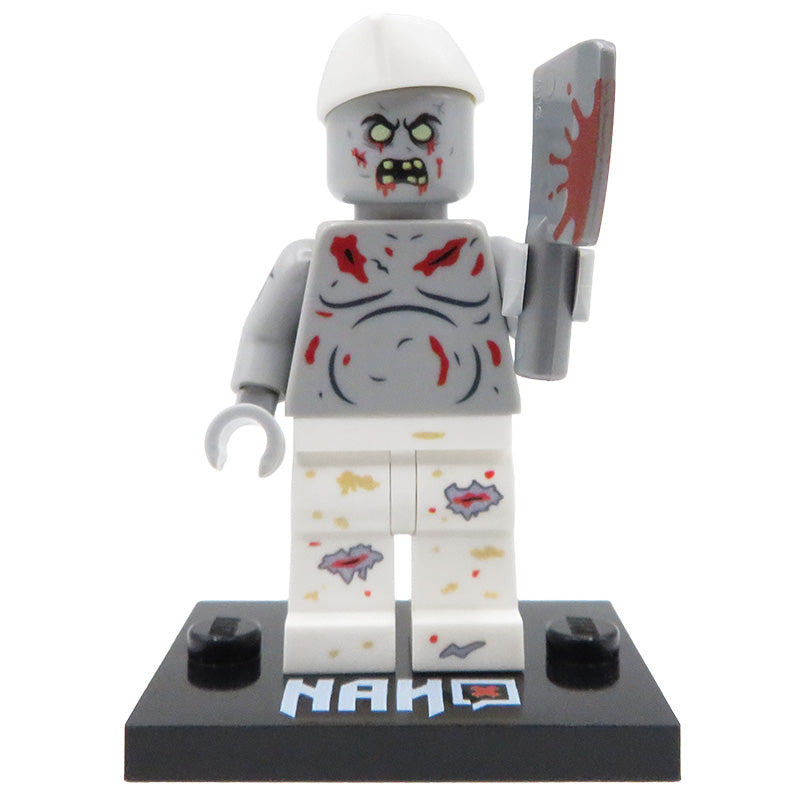 Custom LEGO minifigure Undead Chef zombie chef with a cleaver on a display stand, front view