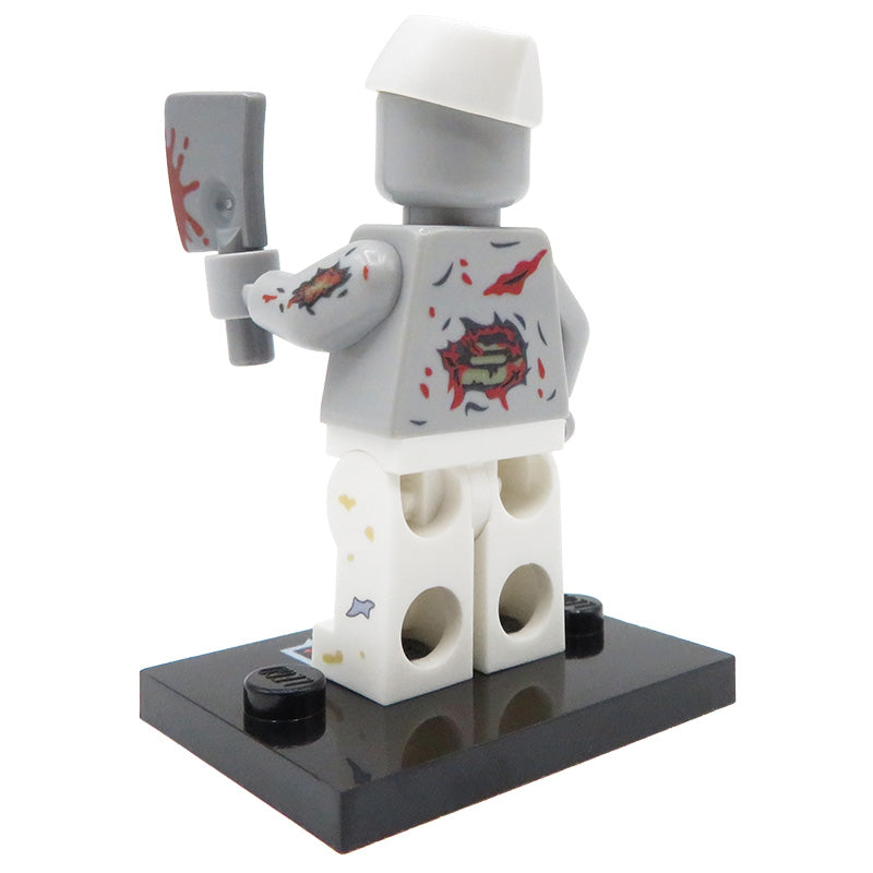 Custom LEGO minifigure Undead Chef zombie chef with a cleaver on a display stand, back view