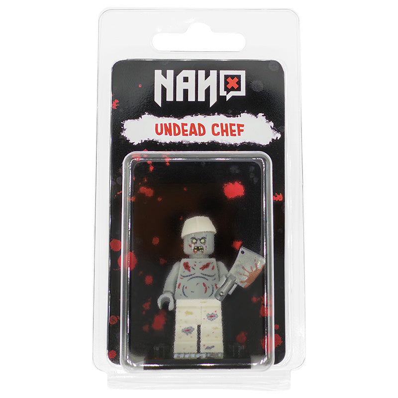 Custom LEGO  minifigure – Undead Chef - zombie chef with a cleaver on a display stand, blister packaging