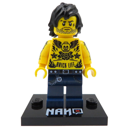 Custom LEGO minifigure Inkhead tattoo fan on a display stand, front view