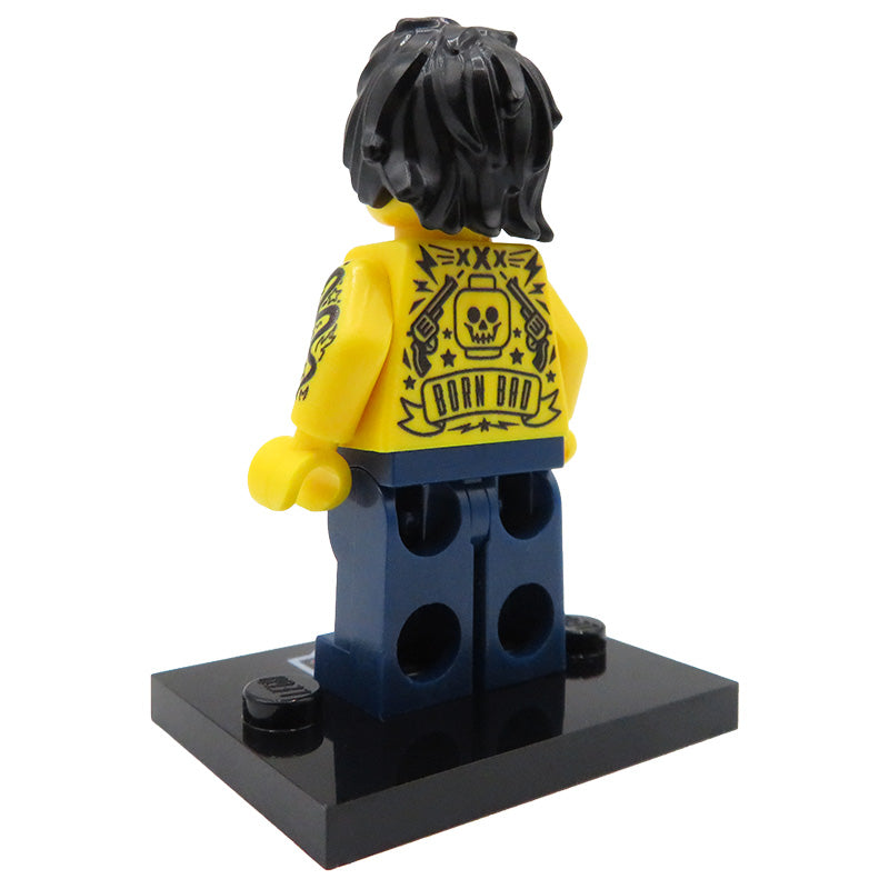 Custom LEGO minifigure Inkhead tattoo fan on a display stand, back view