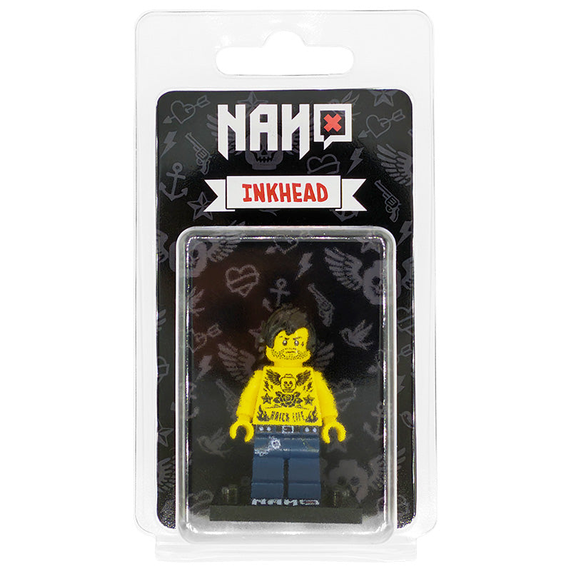 Custom LEGO minifigure Inkhead tattoo fan on a display stand, packaged in a blister