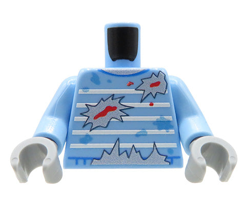 Custom LEGO minifigure torso – Zombie – tattered light blue striped sweater, blood and dirt stains, grey hands, front
