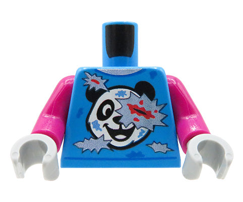 Custom minifigure torso – Zombie – blue and pink t-shirt with a panda, numerous tears, blood and dirt stains, grey hands, front